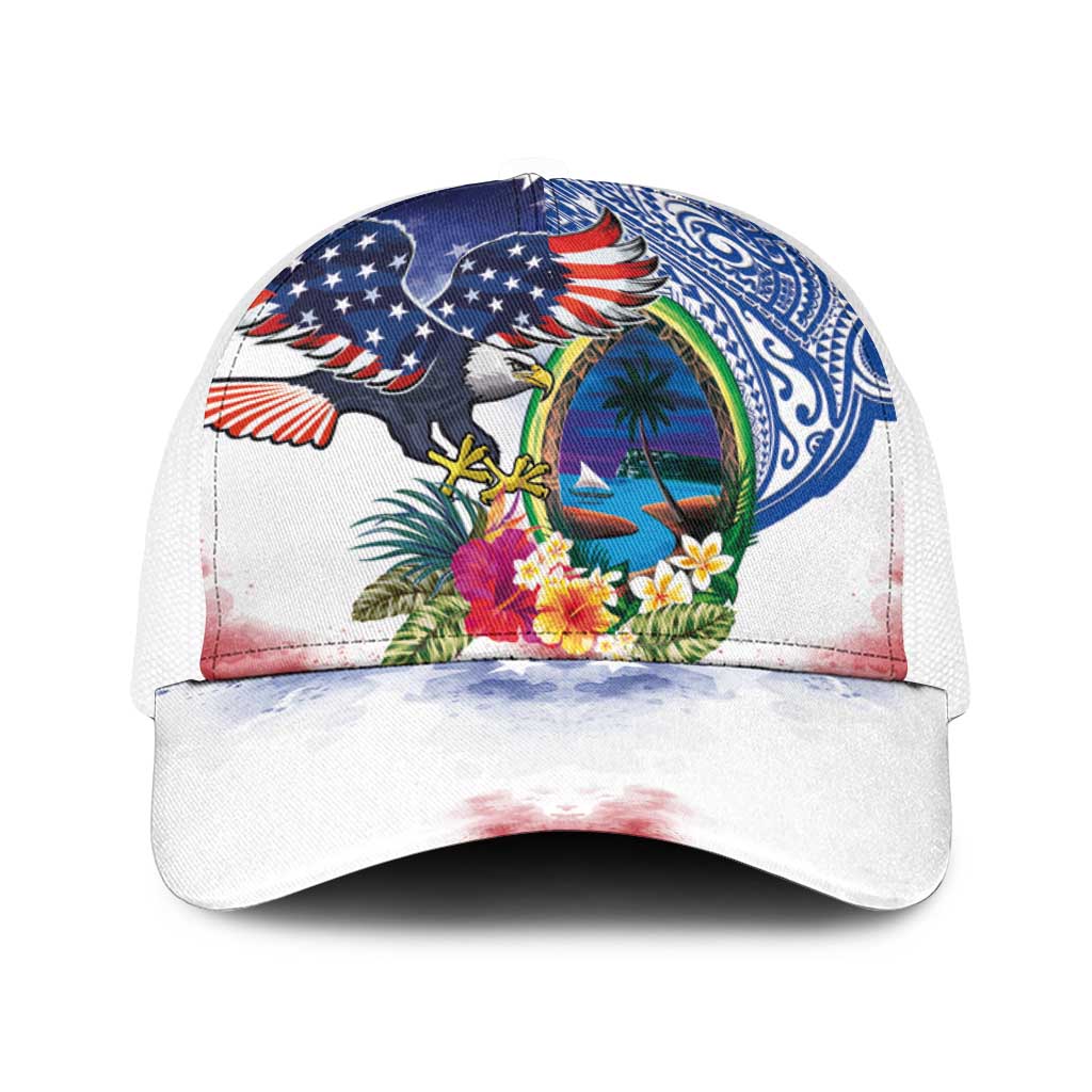 Guam and United States Together Baseball Net Cap Bald Eagle and Guam Seal with Flower and Tribal Tattoos - Polynesian Pride