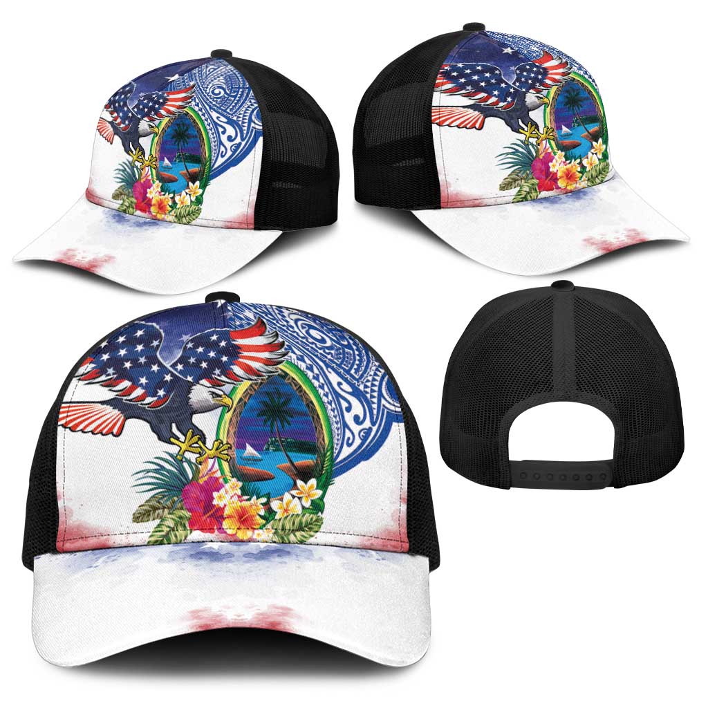 Guam and United States Together Baseball Net Cap Bald Eagle and Guam Seal with Flower and Tribal Tattoos - Polynesian Pride