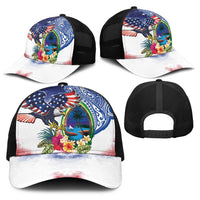 Guam and United States Together Baseball Net Cap Bald Eagle and Guam Seal with Flower and Tribal Tattoos - Polynesian Pride