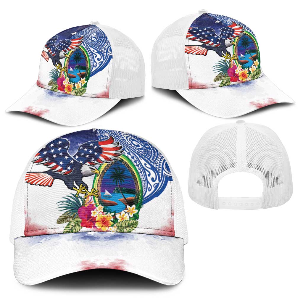 Guam and United States Together Baseball Net Cap Bald Eagle and Guam Seal with Flower and Tribal Tattoos - Polynesian Pride