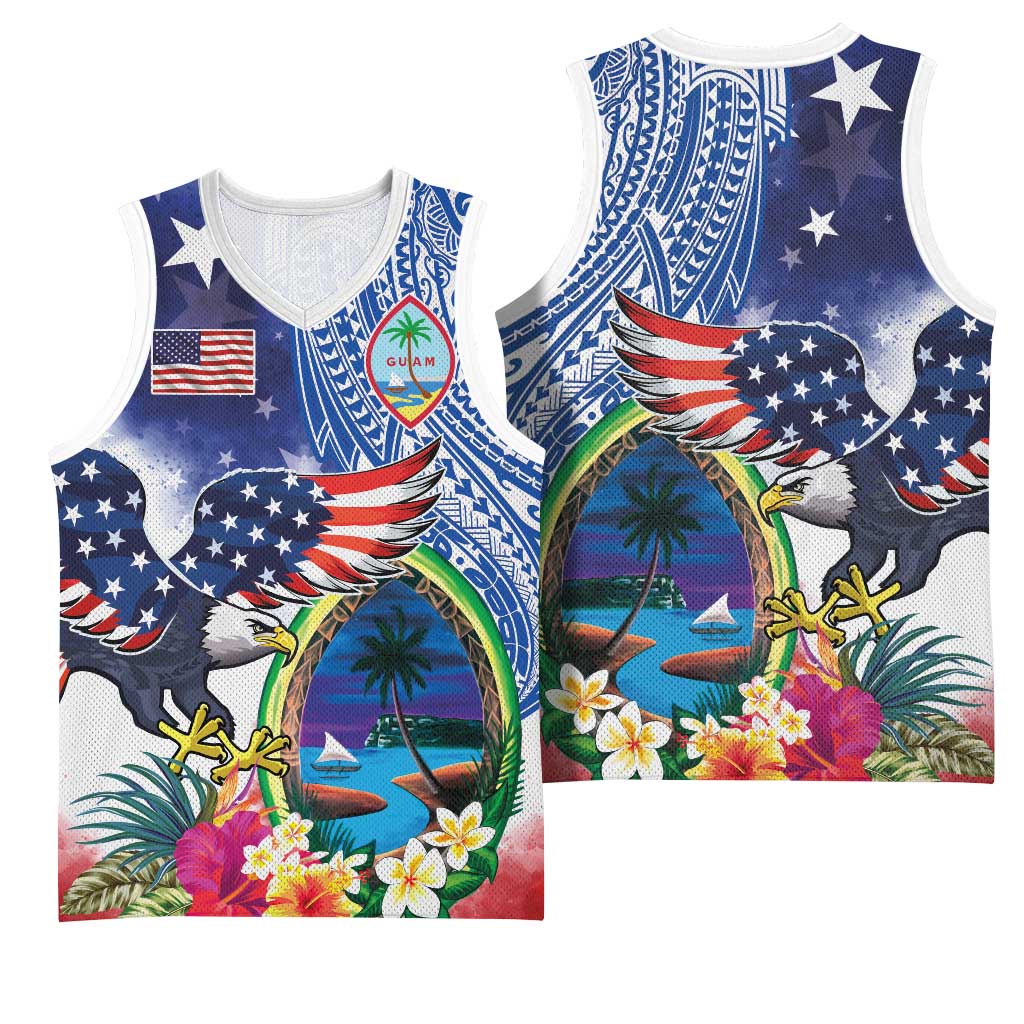 Guam and United States Together Basketball Jersey Bald Eagle and Guam Seal with Flower and Tribal Tattoos LT03 - Polynesian Pride