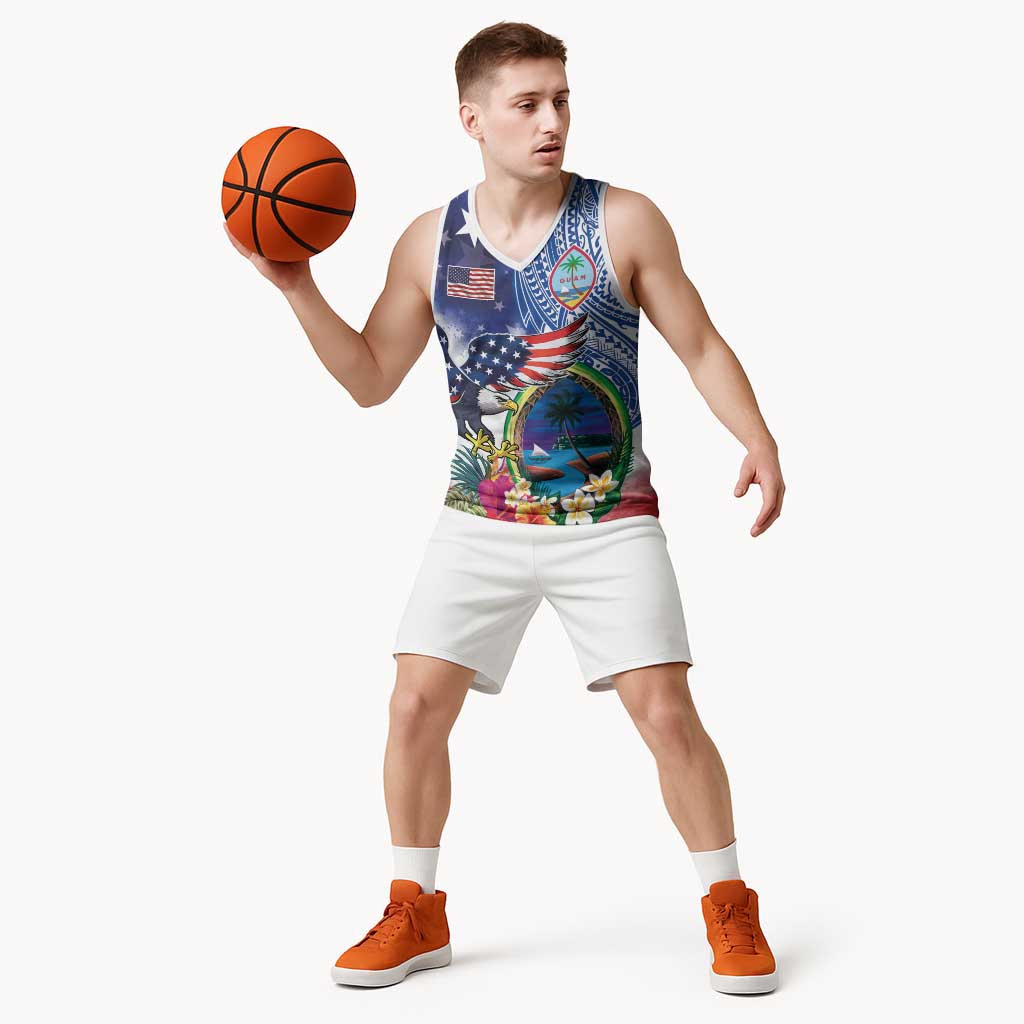 Guam and United States Together Basketball Jersey Bald Eagle and Guam Seal with Flower and Tribal Tattoos LT03 - Polynesian Pride