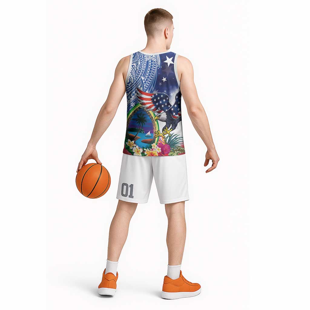 Guam and United States Together Basketball Jersey Bald Eagle and Guam Seal with Flower and Tribal Tattoos LT03 - Polynesian Pride