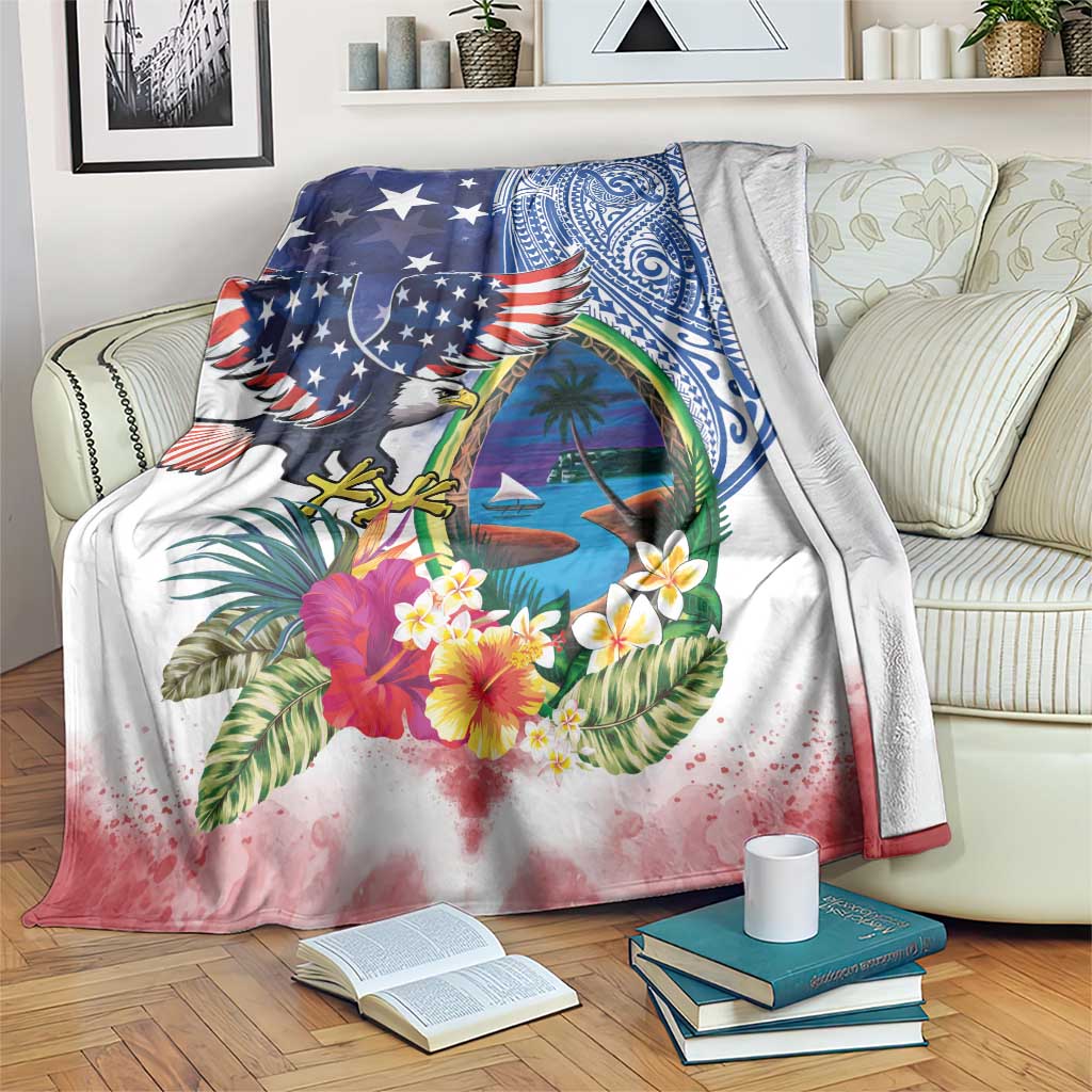 Guam and United States Together Blanket Bald Eagle and Guam Seal with Flower and Tribal Tattoos - Polynesian Pride
