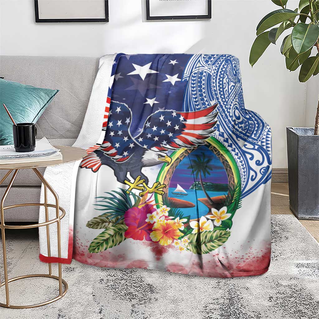 Guam and United States Together Blanket Bald Eagle and Guam Seal with Flower and Tribal Tattoos - Polynesian Pride