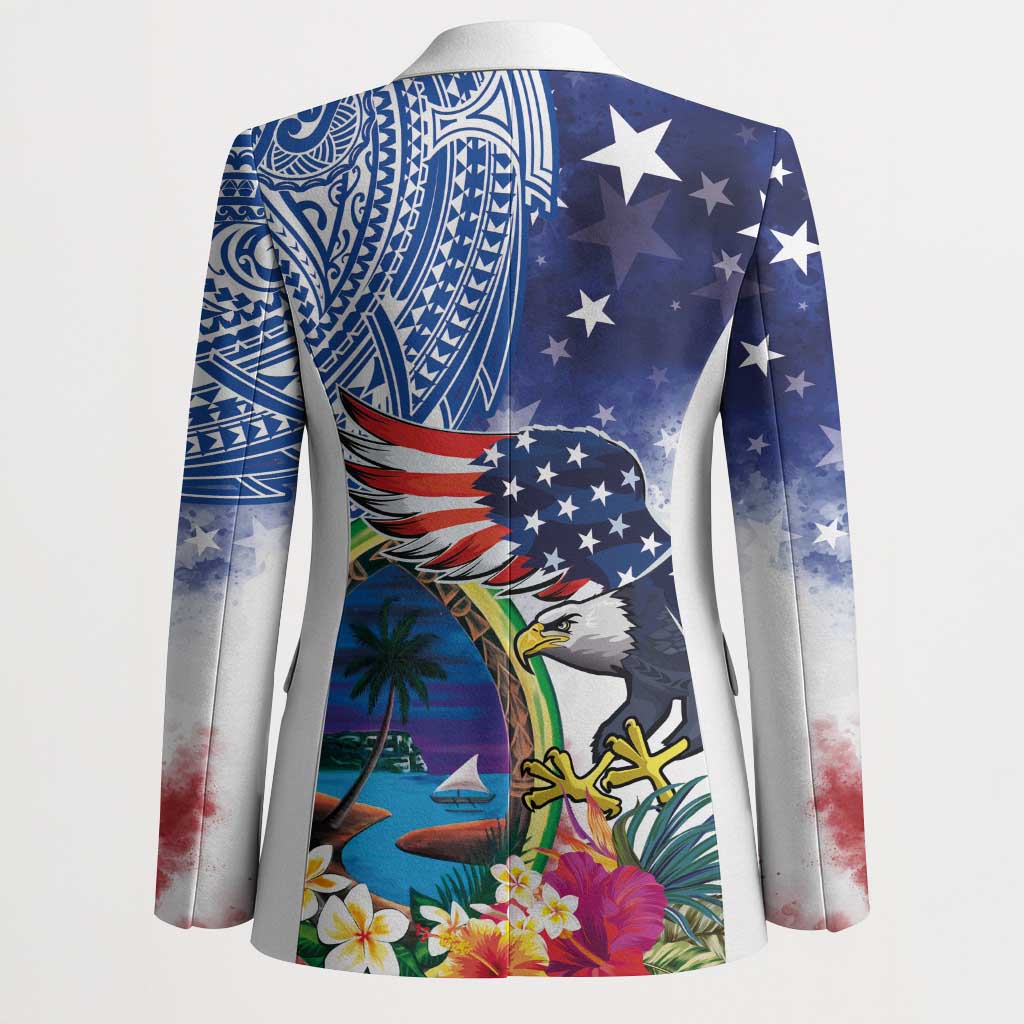 Guam and United States Together Blazer Bald Eagle and Guam Seal with Flower and Tribal Tattoos - Polynesian Pride