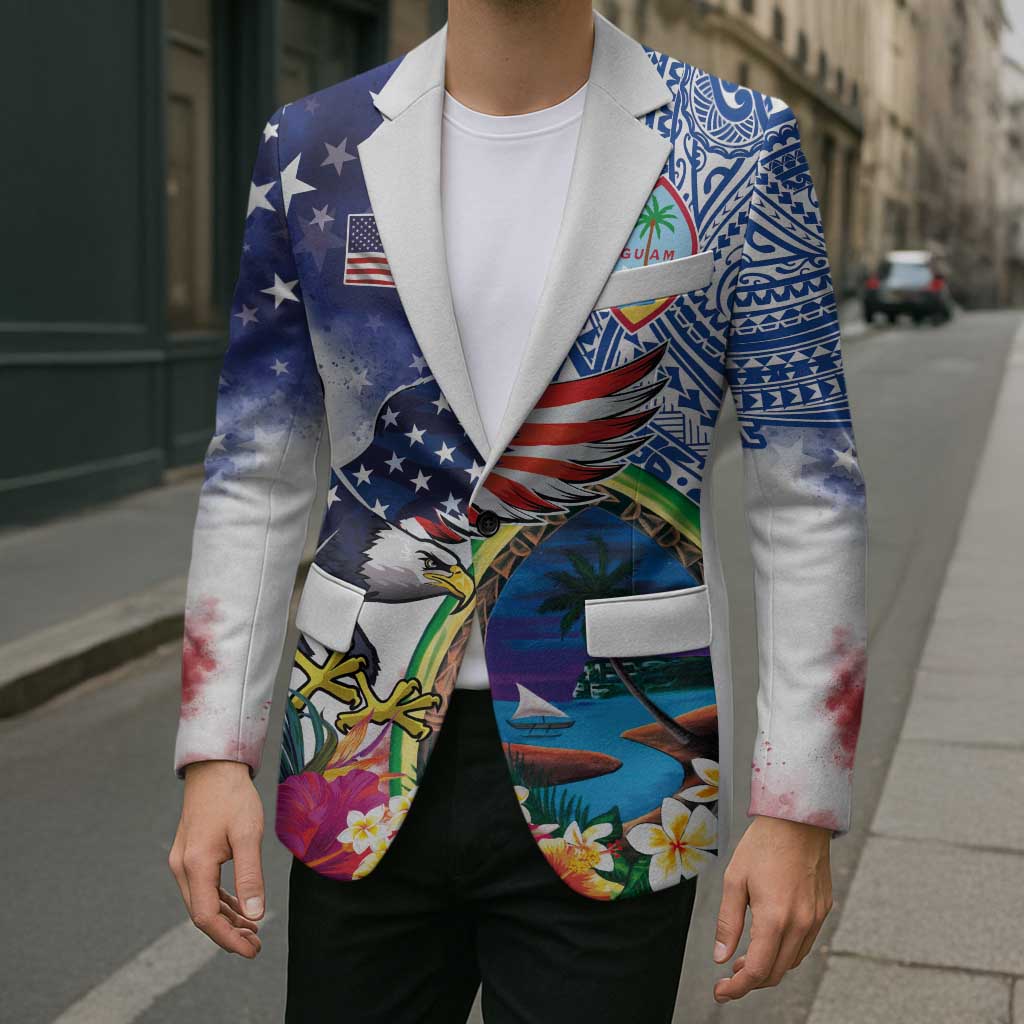 Guam and United States Together Blazer Bald Eagle and Guam Seal with Flower and Tribal Tattoos - Polynesian Pride