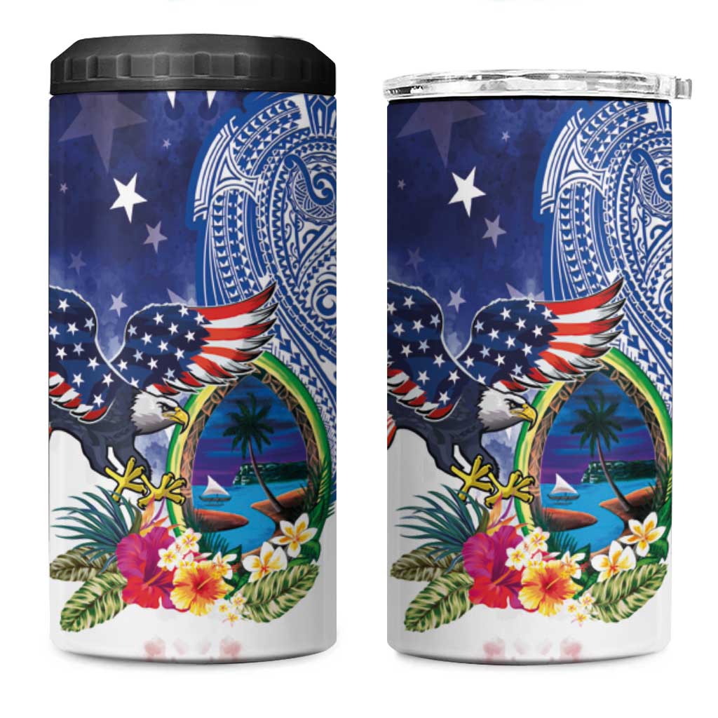 Guam and United States Together 4 in 1 Can Cooler Tumbler Bald Eagle and Guam Seal with Flower and Tribal Tattoos LT03 One Size: 16 oz Multicolor - Polynesian Pride