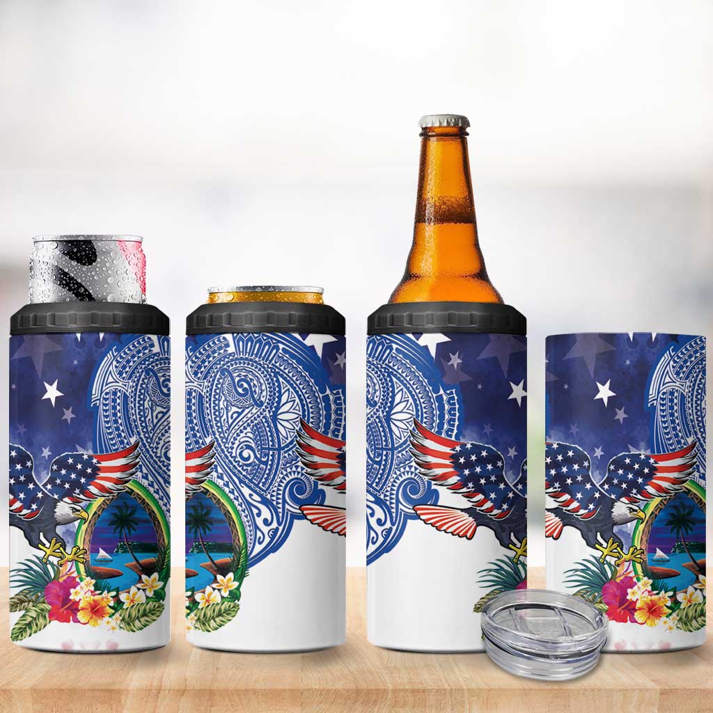 Guam and United States Together 4 in 1 Can Cooler Tumbler Bald Eagle and Guam Seal with Flower and Tribal Tattoos LT03 - Polynesian Pride