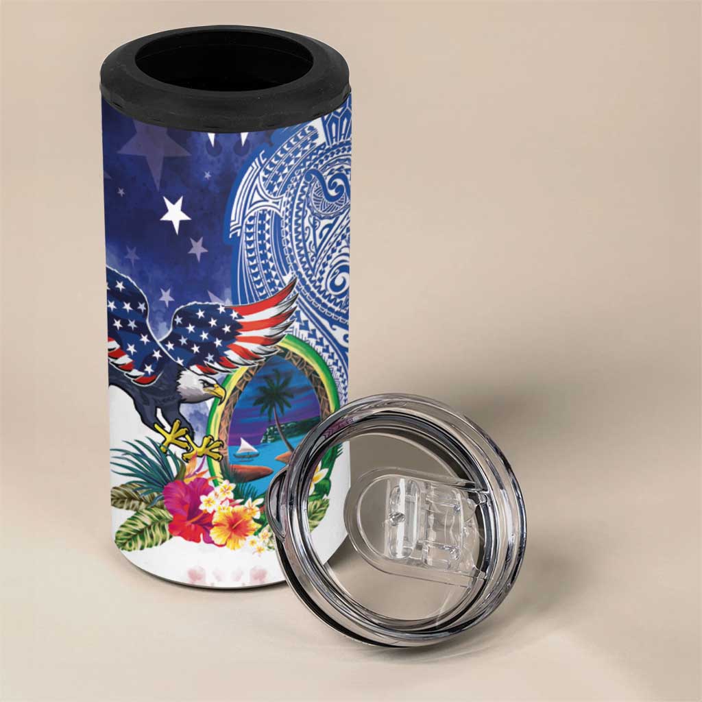 Guam and United States Together 4 in 1 Can Cooler Tumbler Bald Eagle and Guam Seal with Flower and Tribal Tattoos LT03 - Polynesian Pride