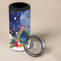 Guam and United States Together 4 in 1 Can Cooler Tumbler Bald Eagle and Guam Seal with Flower and Tribal Tattoos LT03 - Polynesian Pride
