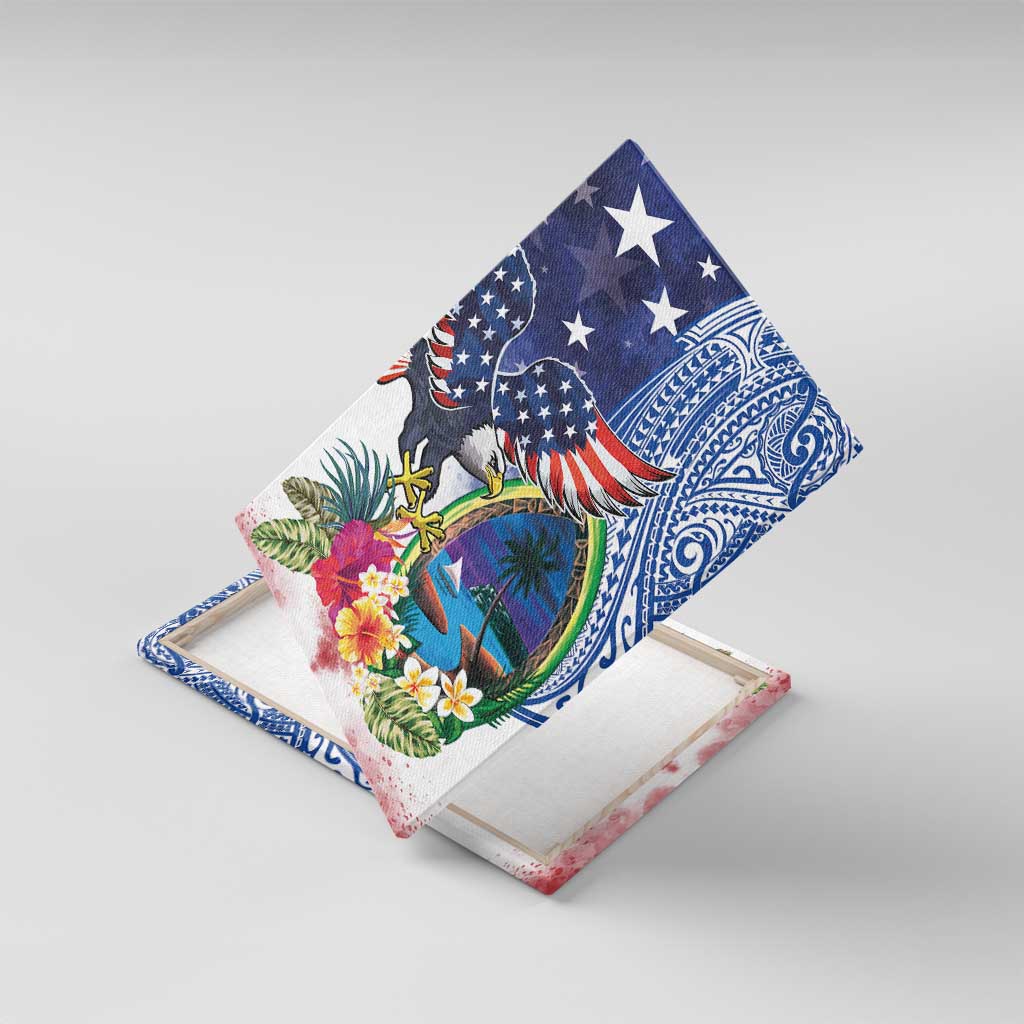 Guam and United States Together Canvas Wall Art Bald Eagle and Guam Seal with Flower and Tribal Tattoos - Polynesian Pride