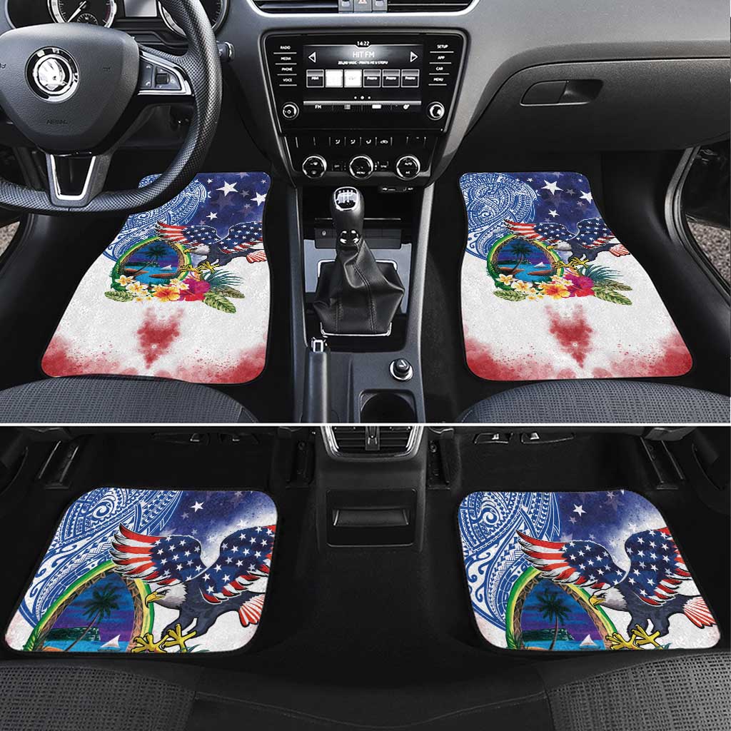 Guam and United States Together Car Mats Bald Eagle and Guam Seal with Flower and Tribal Tattoos LT03 Set 4pcs Multicolor - Polynesian Pride