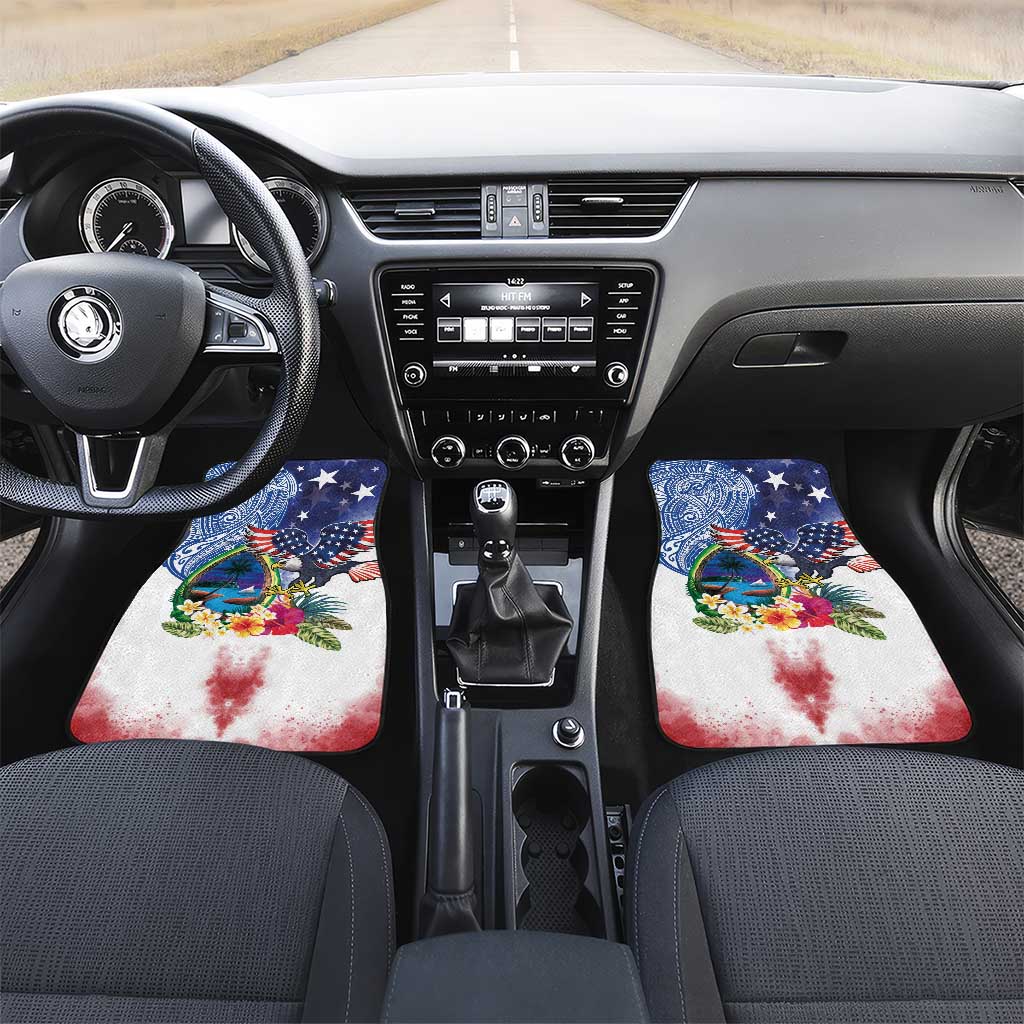 Guam and United States Together Car Mats Bald Eagle and Guam Seal with Flower and Tribal Tattoos LT03 Set 2pcs - Front Multicolor - Polynesian Pride