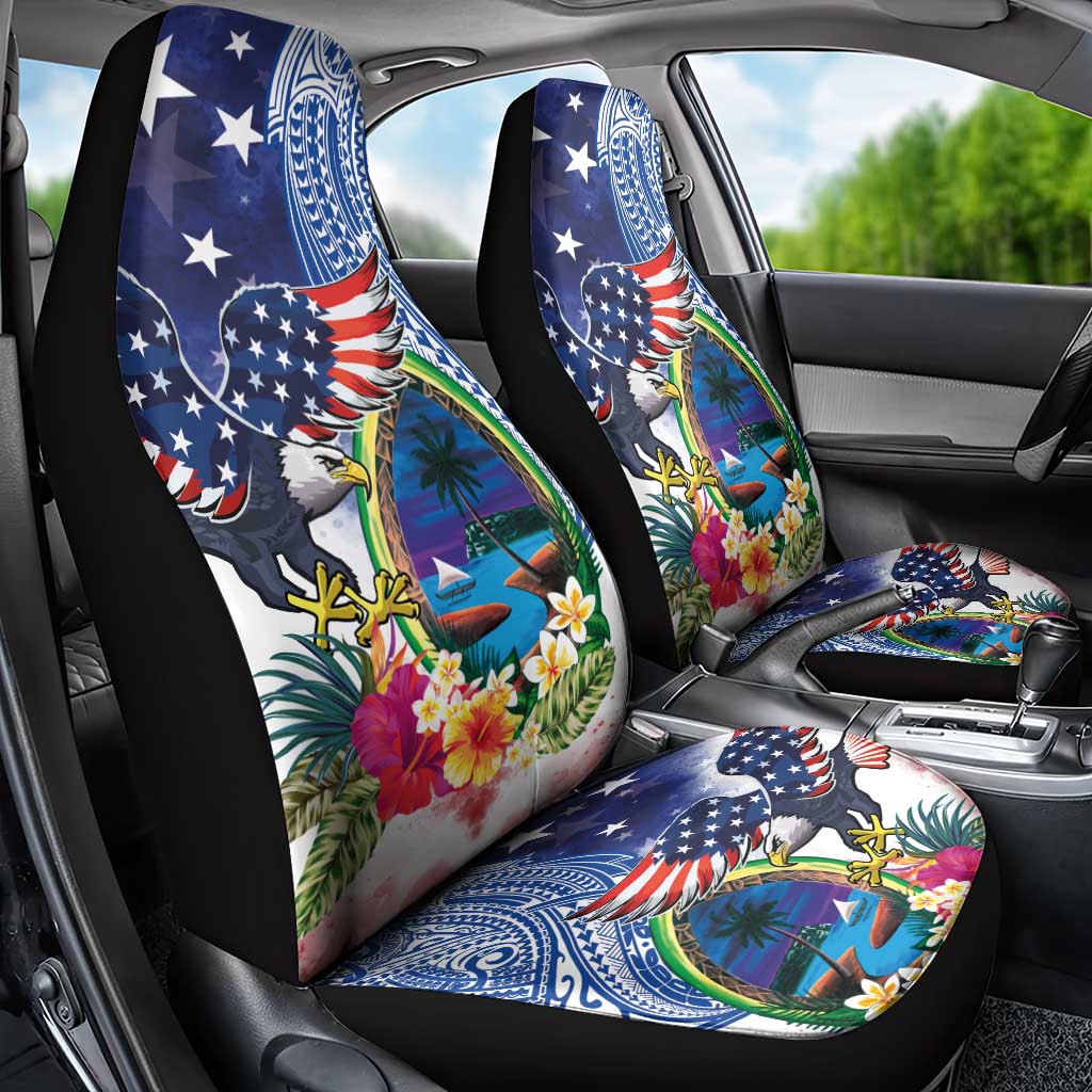 Guam and United States Together Car Seat Cover Bald Eagle and Guam Seal with Flower and Tribal Tattoos LT03 - Polynesian Pride