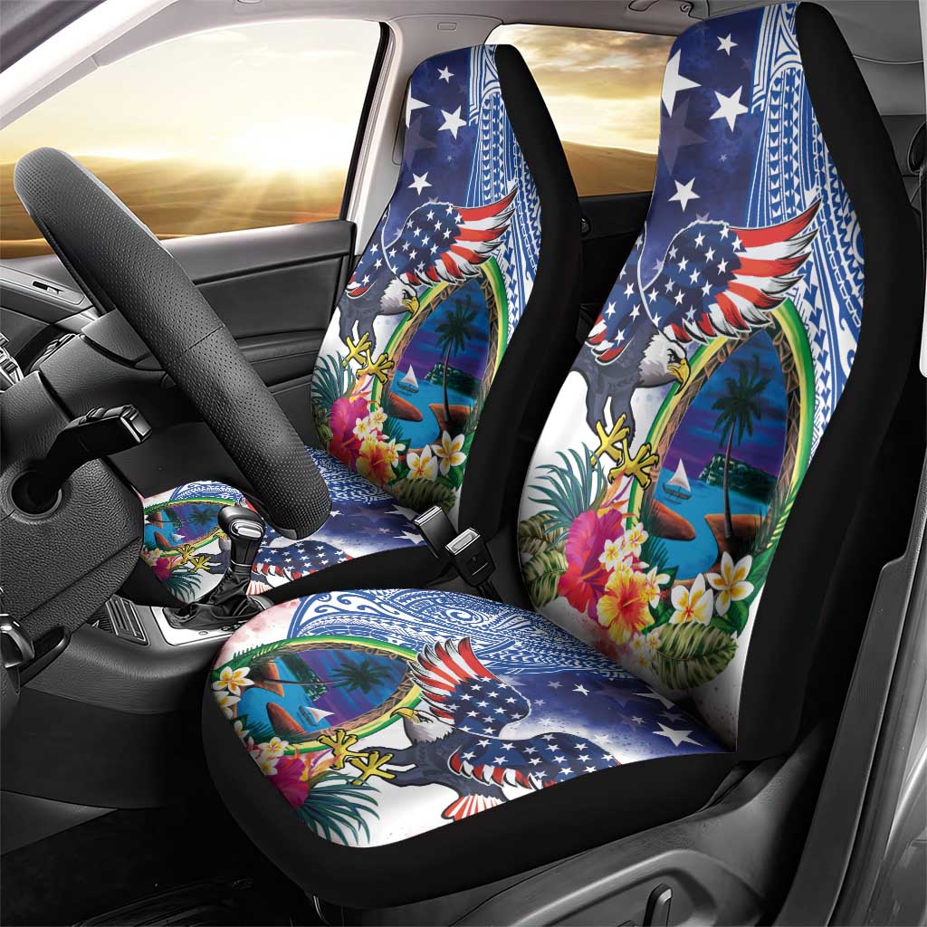Guam and United States Together Car Seat Cover Bald Eagle and Guam Seal with Flower and Tribal Tattoos LT03 - Polynesian Pride