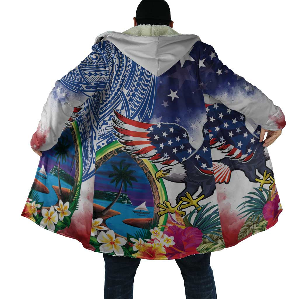 Guam and United States Together Cloak Bald Eagle and Guam Seal with Flower and Tribal Tattoos - Polynesian Pride