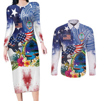 Guam and United States Together Couples Matching Long Sleeve Bodycon Dress and Long Sleeve Button Shirt Bald Eagle and Guam Seal with Flower and Tribal Tattoos LT03 Multicolor - Polynesian Pride
