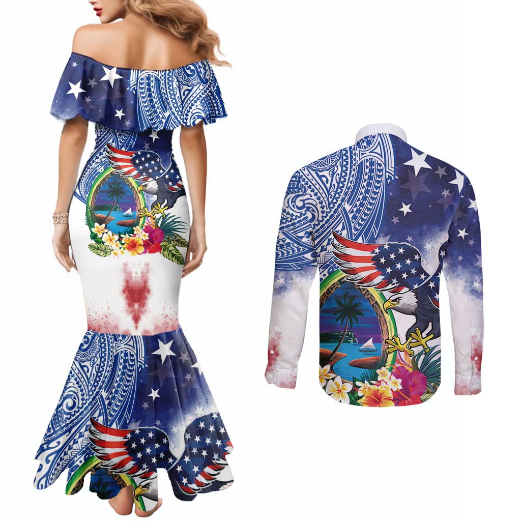 Guam and United States Together Couples Matching Mermaid Dress and Long Sleeve Button Shirt Bald Eagle and Guam Seal with Flower and Tribal Tattoos LT03 - Polynesian Pride