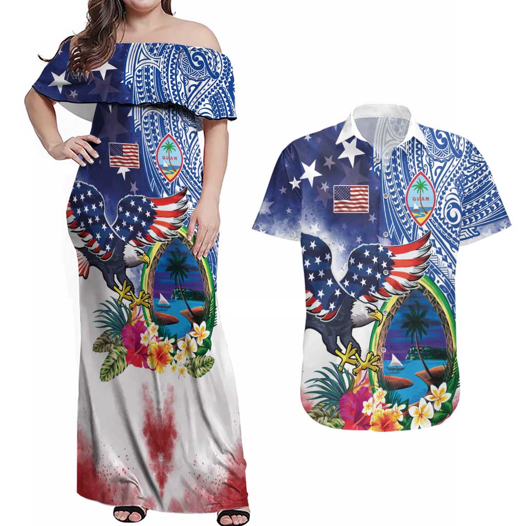 Guam and United States Together Couples Matching Off Shoulder Maxi Dress and Hawaiian Shirt Bald Eagle and Guam Seal with Flower and Tribal Tattoos LT03 Multicolor - Polynesian Pride