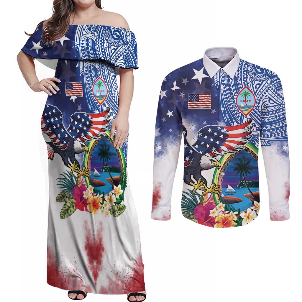 Guam and United States Together Couples Matching Off Shoulder Maxi Dress and Long Sleeve Button Shirt Bald Eagle and Guam Seal with Flower and Tribal Tattoos LT03 Multicolor - Polynesian Pride