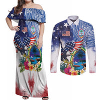 Guam and United States Together Couples Matching Off Shoulder Maxi Dress and Long Sleeve Button Shirt Bald Eagle and Guam Seal with Flower and Tribal Tattoos LT03 Multicolor - Polynesian Pride