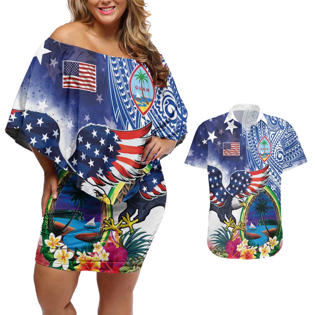 Guam and United States Together Couples Matching Off Shoulder Short Dress and Hawaiian Shirt Bald Eagle and Guam Seal with Flower and Tribal Tattoos LT03 Multicolor - Polynesian Pride