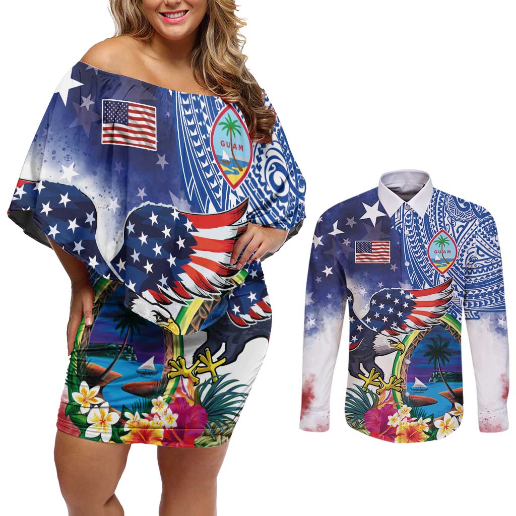 Guam and United States Together Couples Matching Off Shoulder Short Dress and Long Sleeve Button Shirt Bald Eagle and Guam Seal with Flower and Tribal Tattoos LT03 Multicolor - Polynesian Pride