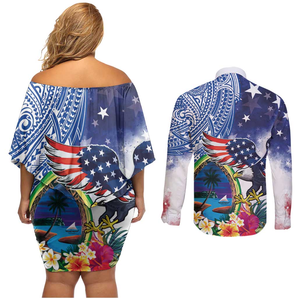 Guam and United States Together Couples Matching Off Shoulder Short Dress and Long Sleeve Button Shirt Bald Eagle and Guam Seal with Flower and Tribal Tattoos LT03 - Polynesian Pride