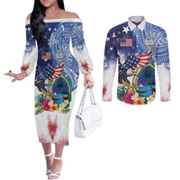 Guam and United States Together Couples Matching Off The Shoulder Long Sleeve Dress and Long Sleeve Button Shirt Bald Eagle and Guam Seal with Flower and Tribal Tattoos LT03 Multicolor - Polynesian Pride
