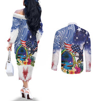 Guam and United States Together Couples Matching Off The Shoulder Long Sleeve Dress and Long Sleeve Button Shirt Bald Eagle and Guam Seal with Flower and Tribal Tattoos LT03 - Polynesian Pride