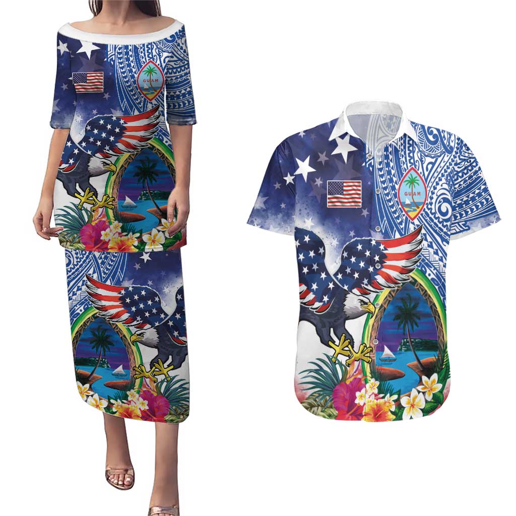Guam and United States Together Couples Matching Puletasi and Hawaiian Shirt Bald Eagle and Guam Seal with Flower and Tribal Tattoos LT03 Multicolor - Polynesian Pride