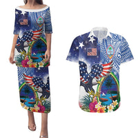 Guam and United States Together Couples Matching Puletasi and Hawaiian Shirt Bald Eagle and Guam Seal with Flower and Tribal Tattoos LT03 Multicolor - Polynesian Pride