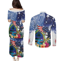 Guam and United States Together Couples Matching Puletasi and Long Sleeve Button Shirt Bald Eagle and Guam Seal with Flower and Tribal Tattoos LT03 - Polynesian Pride