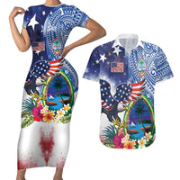 Guam and United States Together Couples Matching Short Sleeve Bodycon Dress and Hawaiian Shirt Bald Eagle and Guam Seal with Flower and Tribal Tattoos LT03 Multicolor - Polynesian Pride