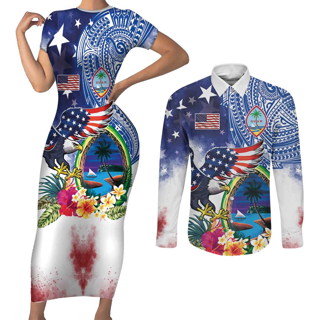 Guam and United States Together Couples Matching Short Sleeve Bodycon Dress and Long Sleeve Button Shirt Bald Eagle and Guam Seal with Flower and Tribal Tattoos LT03 Multicolor - Polynesian Pride