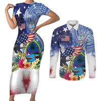 Guam and United States Together Couples Matching Short Sleeve Bodycon Dress and Long Sleeve Button Shirt Bald Eagle and Guam Seal with Flower and Tribal Tattoos LT03 Multicolor - Polynesian Pride