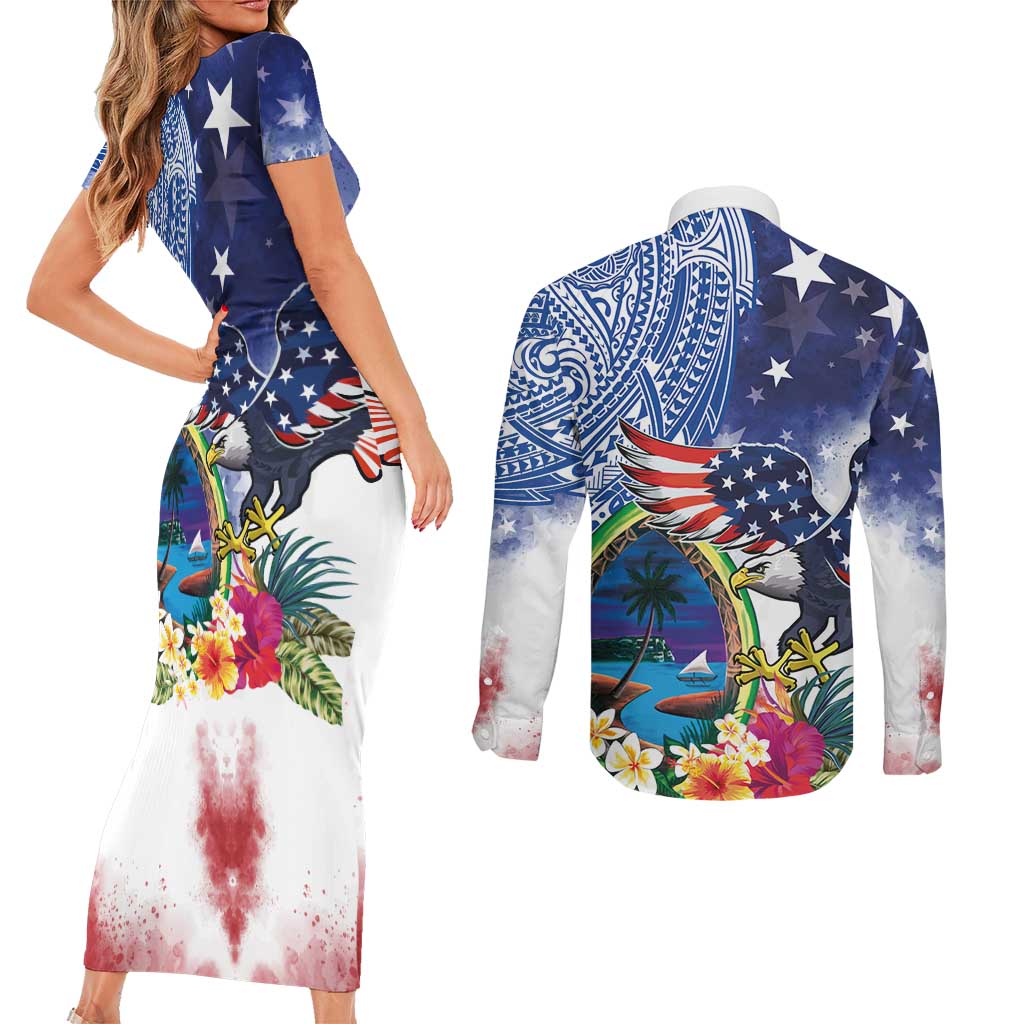 Guam and United States Together Couples Matching Short Sleeve Bodycon Dress and Long Sleeve Button Shirt Bald Eagle and Guam Seal with Flower and Tribal Tattoos LT03 - Polynesian Pride