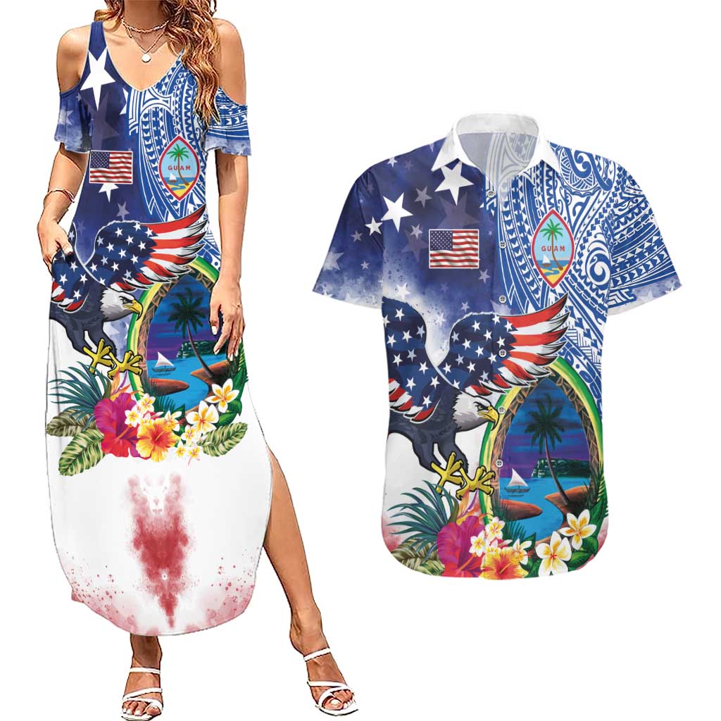 Guam and United States Together Couples Matching Summer Maxi Dress and Hawaiian Shirt Bald Eagle and Guam Seal with Flower and Tribal Tattoos - Polynesian Pride