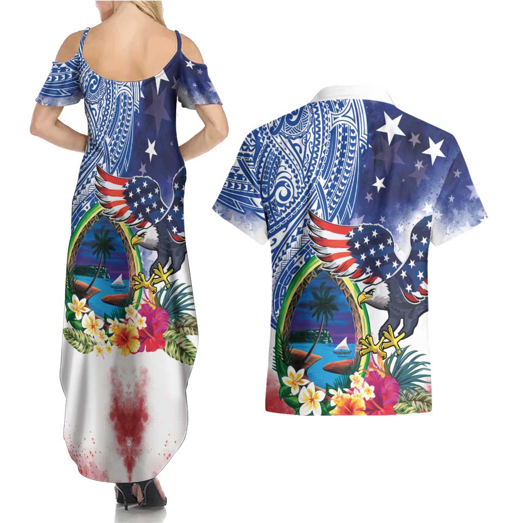 Guam and United States Together Couples Matching Summer Maxi Dress and Hawaiian Shirt Bald Eagle and Guam Seal with Flower and Tribal Tattoos LT03 - Polynesian Pride