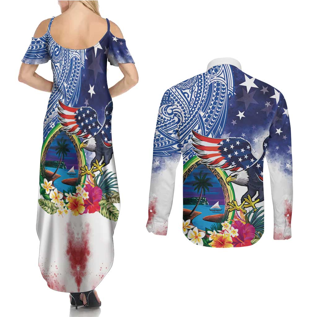 Guam and United States Together Couples Matching Summer Maxi Dress and Long Sleeve Button Shirt Bald Eagle and Guam Seal with Flower and Tribal Tattoos LT03 - Polynesian Pride
