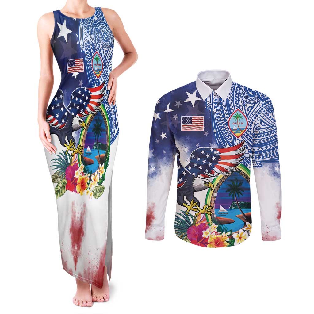 Guam and United States Together Couples Matching Tank Maxi Dress and Long Sleeve Button Shirt Bald Eagle and Guam Seal with Flower and Tribal Tattoos LT03 Multicolor - Polynesian Pride