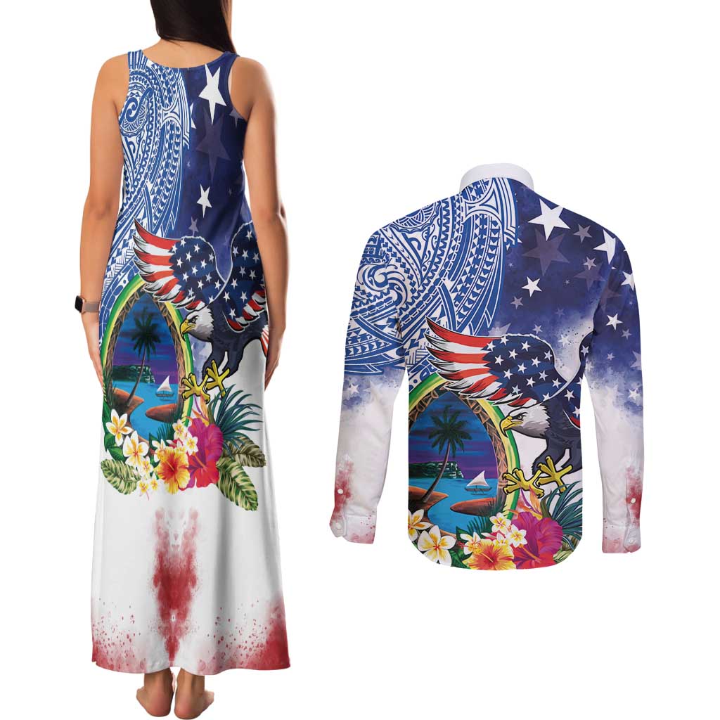 Guam and United States Together Couples Matching Tank Maxi Dress and Long Sleeve Button Shirt Bald Eagle and Guam Seal with Flower and Tribal Tattoos LT03 - Polynesian Pride
