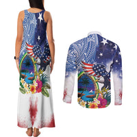 Guam and United States Together Couples Matching Tank Maxi Dress and Long Sleeve Button Shirt Bald Eagle and Guam Seal with Flower and Tribal Tattoos LT03 - Polynesian Pride