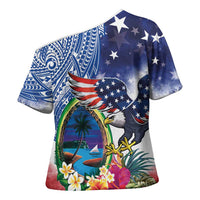 Guam and United States Together Cross Shoulder Shirt Bald Eagle and Guam Seal with Flower and Tribal Tattoos LT03 - Polynesian Pride
