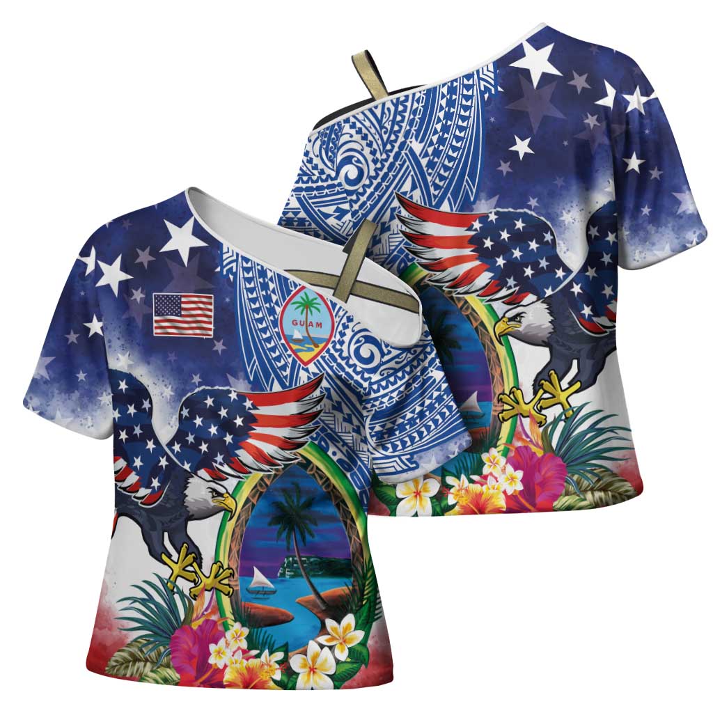 Guam and United States Together Cross Shoulder Shirt Bald Eagle and Guam Seal with Flower and Tribal Tattoos LT03 - Polynesian Pride