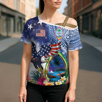 Guam and United States Together Cross Shoulder Shirt Bald Eagle and Guam Seal with Flower and Tribal Tattoos LT03 - Polynesian Pride
