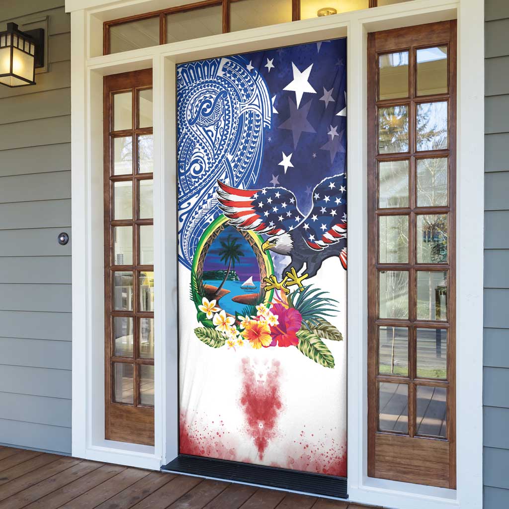 Guam and United States Together Door Cover Bald Eagle and Guam Seal with Flower and Tribal Tattoos LT03 - Polynesian Pride
