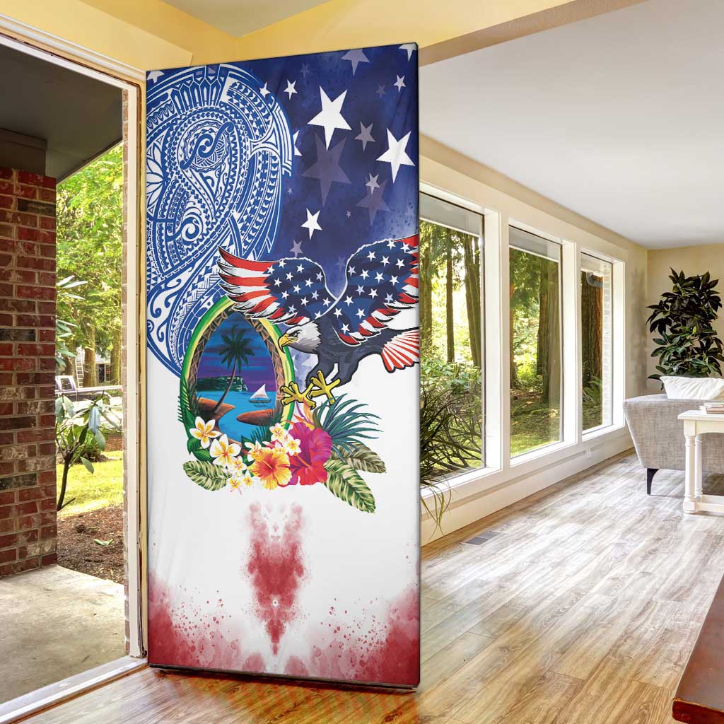 Guam and United States Together Door Cover Bald Eagle and Guam Seal with Flower and Tribal Tattoos LT03 - Polynesian Pride