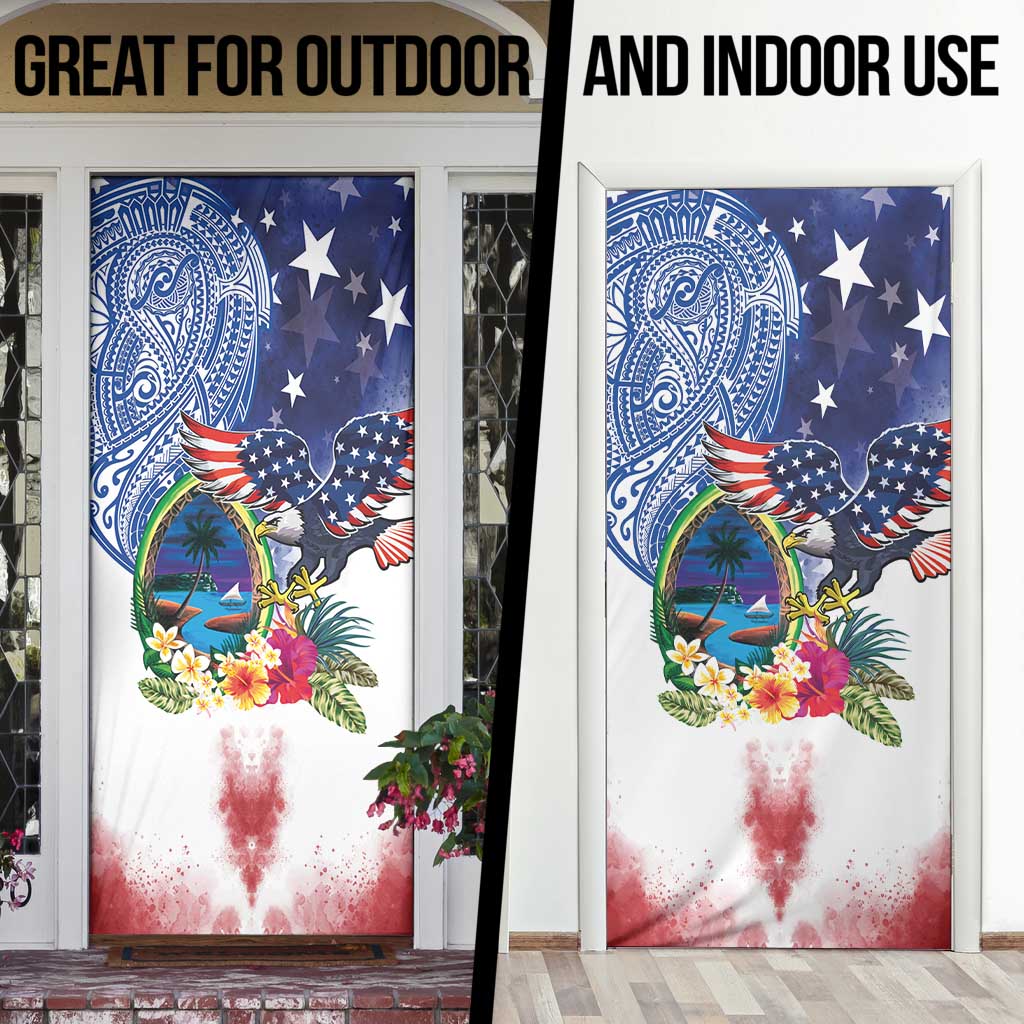 Guam and United States Together Door Cover Bald Eagle and Guam Seal with Flower and Tribal Tattoos LT03 - Polynesian Pride